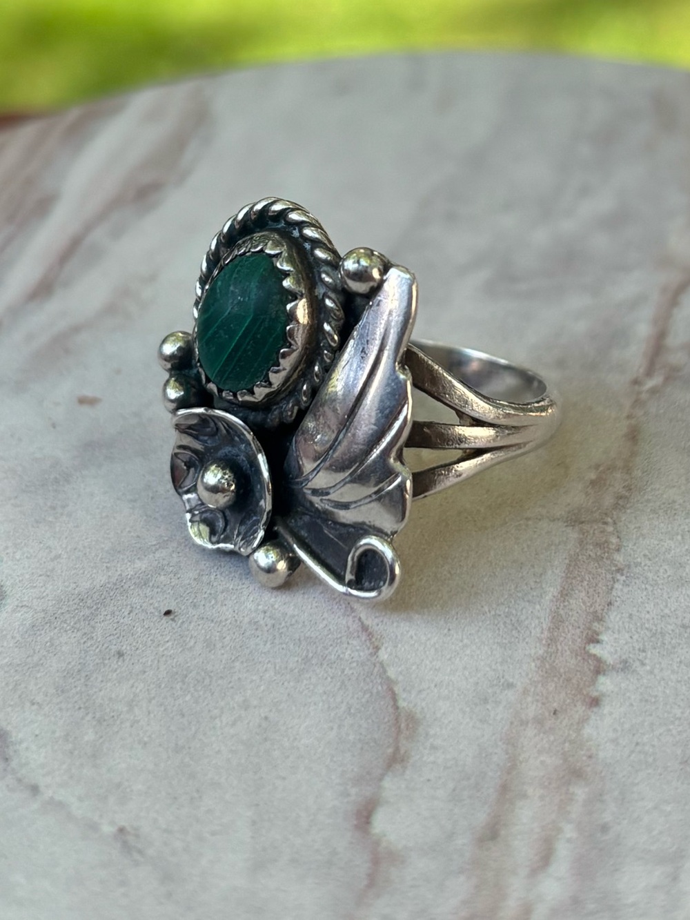 Vintage Sterling Silver Malachite Ring Size 6.5 Southwest Floral Leaf Fine 5g - Picture 8 of 10